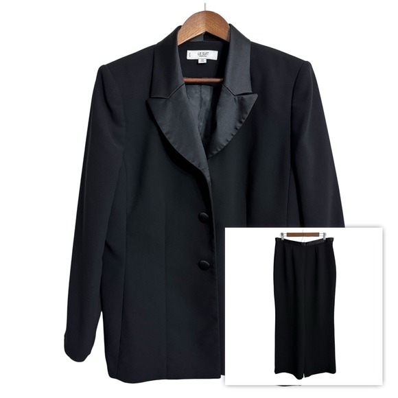 Le Suit Jackets & Blazers - Le Suit satin blazer pant suit set women's 14P petite black 2 piece formal event